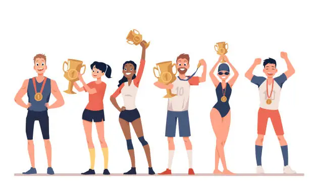 Vector illustration of Diverse sportive people with award cups flat vector illustration isolated.