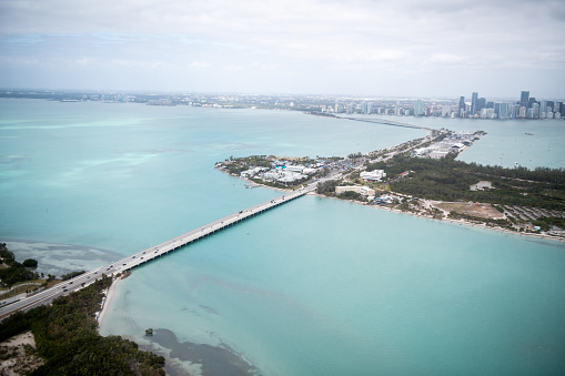 Architectural connections, roads and bridges. Wonderful Aerial view of  Rickenbaker causeway. Miami Beach, FL, USA.