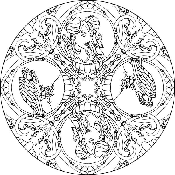 illustrations, cliparts, dessins animés et icônes de mandala lady et bird - tatouage elfe