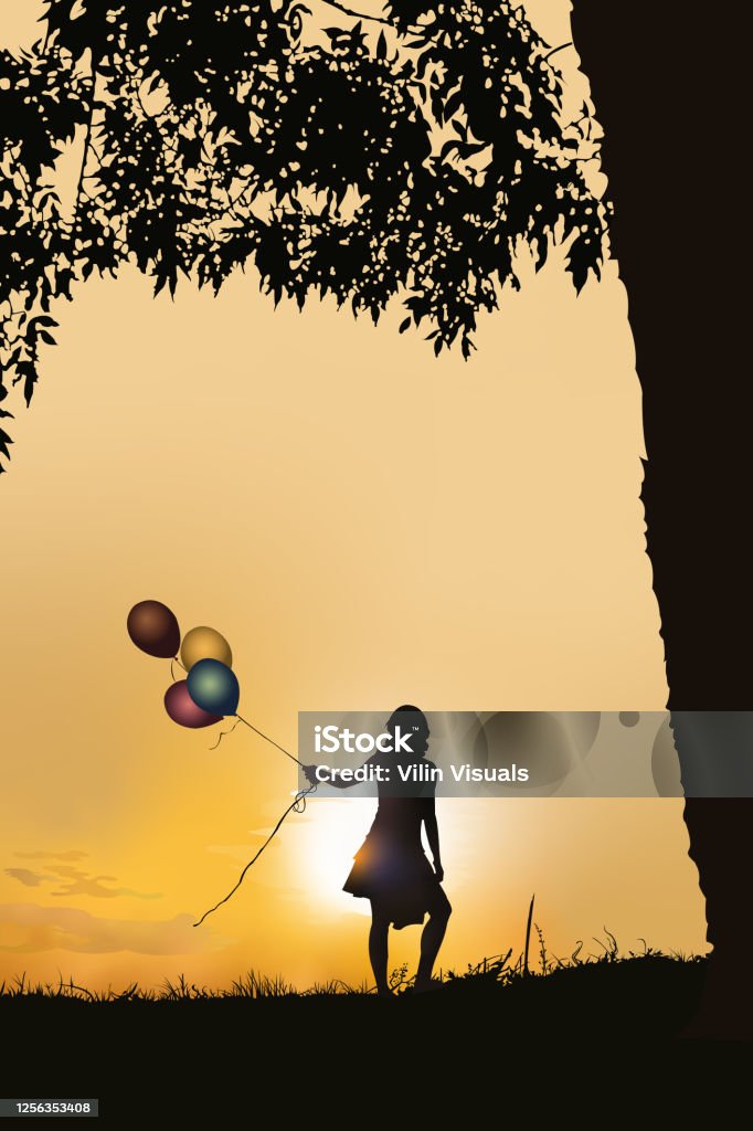 Girl With Balloons Silhouette Stock Illustration - Download Image Now - In  Silhouette, Nature, Balloon - iStock