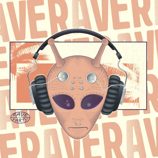 Vector illustration of rave party. the face of an alien with headphones. silhouettes of palm trees. stamp and lettering. retro poster in the style of the 90s for fashion design