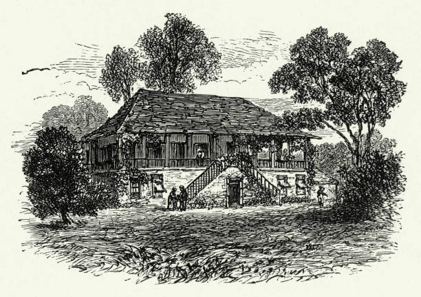 istock Vintage Farmhouse, American Victorian Engraving, 1882 1256354661