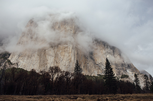 El Capitan veiled in clouds in Yosemite National Park, California
