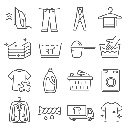 Laundry, dry cleaning thin line icons set isolated on white. Iron, bleach, washing machine outline pictograms collection. Hanger, plastic tub, wringing, linen vector elements for infographic, web.