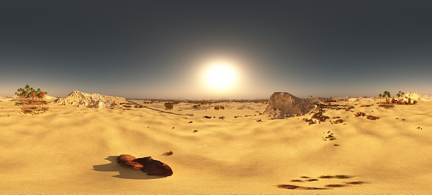 Arabic small town on desert beside pyramid