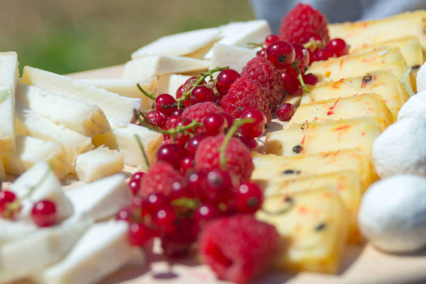 istock Raspberry berries among organic goat cheese in a craft cheese factory. 1256368236