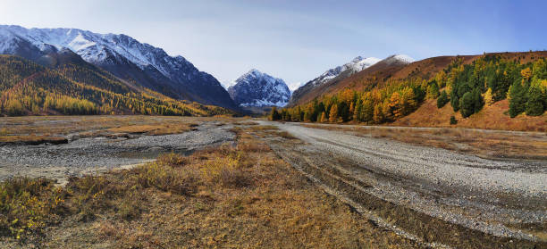 Banner autumn landscape with the Aktru river and Karatash peak. Altai mountains in clear weather Siberia. Russia stock photo