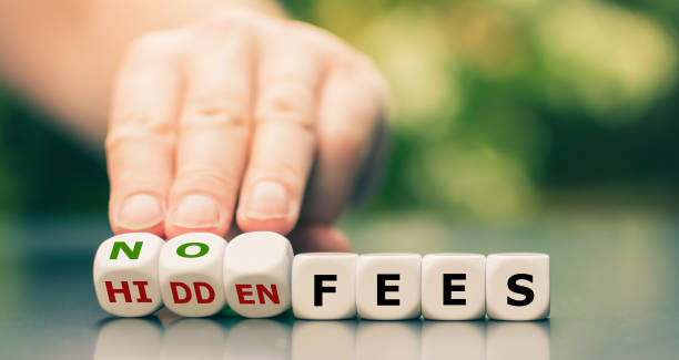No hidden fees concept. Hand turns dice and changes the expression "hidden fees" to "no fees". stock photo