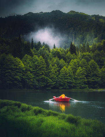 Beautiful scenery landscape young man in yellow raincoat on red small boat enjoying  a misty early morning paddling haze over the Karagöl lake surrounded with forest on sunrise in Borcka, Artvin, Turkey