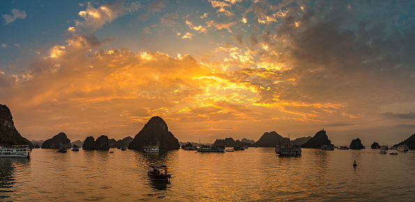 Panorama of Sunset in Halong bay, Vietnam in a summer day