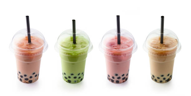 colorful iced bubble tea in plastic take away cups