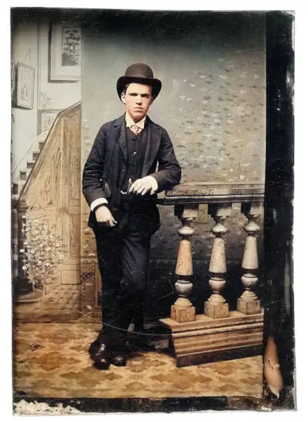 Photo of Victorian Young Man Old colourised historical Tintype Photograph
