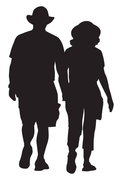 ilustraciones, imágenes clip art, dibujos animados e iconos de stock de pareja de mediana edad caminando juntos - close to illustrations