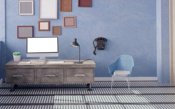 istock Desktop computer on the table of the office mockup 3d rendering. 3d illustration 1256378184