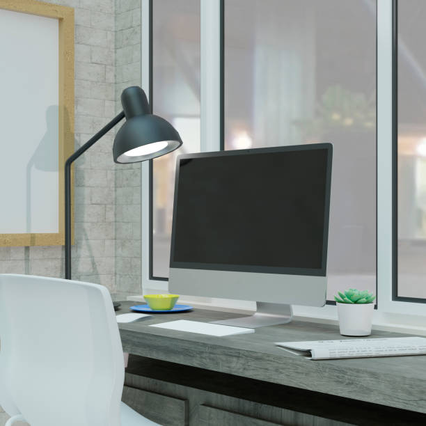 istock Desktop computer on the table of the office mockup 3d rendering. 3d illustration 1256378185