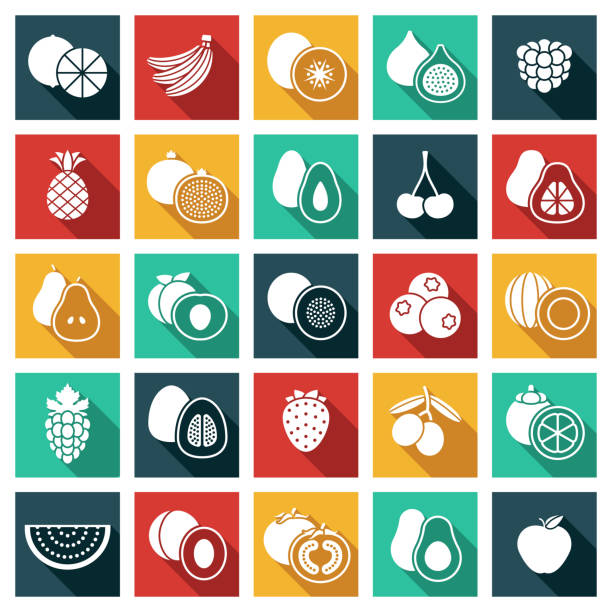 ilustraciones, imágenes clip art, dibujos animados e iconos de stock de conjunto de iconos de glifo de fruta - plum grape fruit clip art
