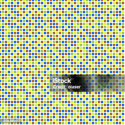 istock Circular shapes evenly spaced but. Colors individually set and picked palette of five in a way that not two adjacent circles get the same color.. 1256380417