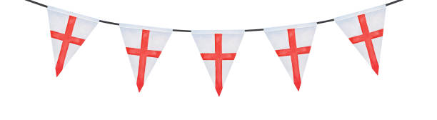 illustrations, cliparts, dessins animés et icônes de dessin de couleur d’eau de bunting festif avec drapeau triangulaire de l’angleterre avec la croix de st. george. illustration sommaire peinte à la main d’aquarelle sur le blanc, élément de clipart découpé pour la conception et le décor. - english flag st george flag flying