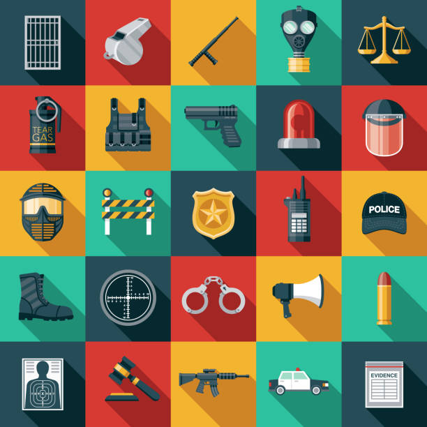 Police and Law Enforcement Icon Set A set of police and law enforcement icons. File is built in the CMYK color space for optimal printing. Color swatches are global so it’s easy to edit and change the colors. police tear gas stock illustrations