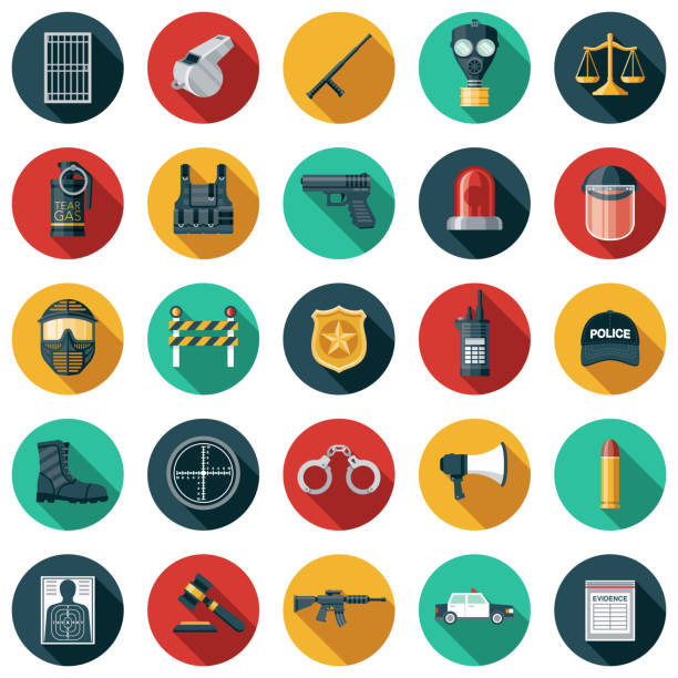 Police and Law Enforcement Icon Set A set of police and law enforcement icons. File is built in the CMYK color space for optimal printing. Color swatches are global so it’s easy to edit and change the colors. tear gas stock illustrations