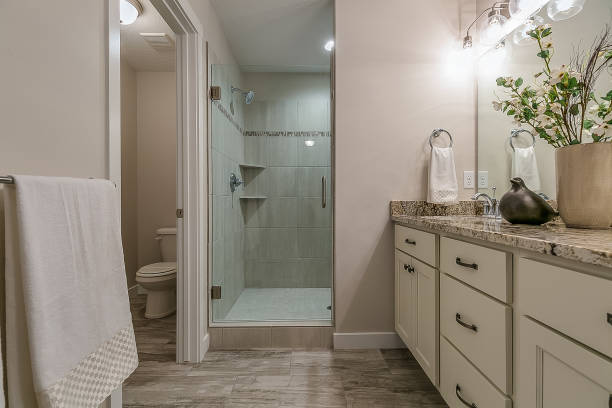 istock Enclosed shower with light and bright colors 1256383394