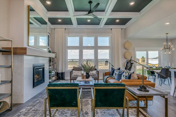 istock New house with green coffered ceiling in great room 1256384400