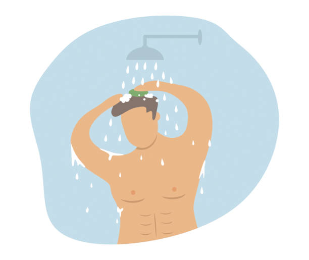 stockillustraties, clipart, cartoons en iconen met mens die douche neemt - douchen