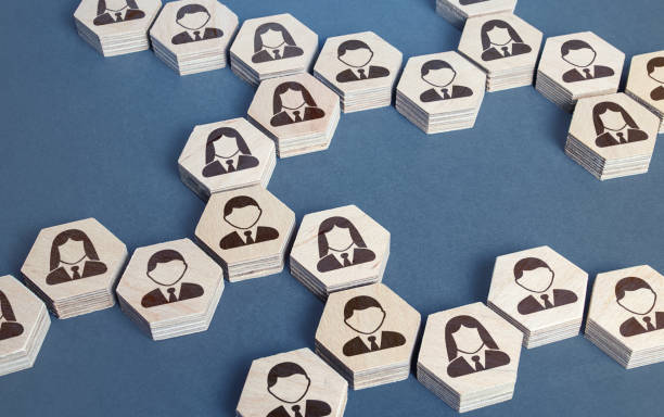 istock System structure of company employees as chains of hexagons. Development and teambuilding. Organization of business, distribution of responsibilities, well coordinated teamwork. Recruiting and hiring. 1256385493