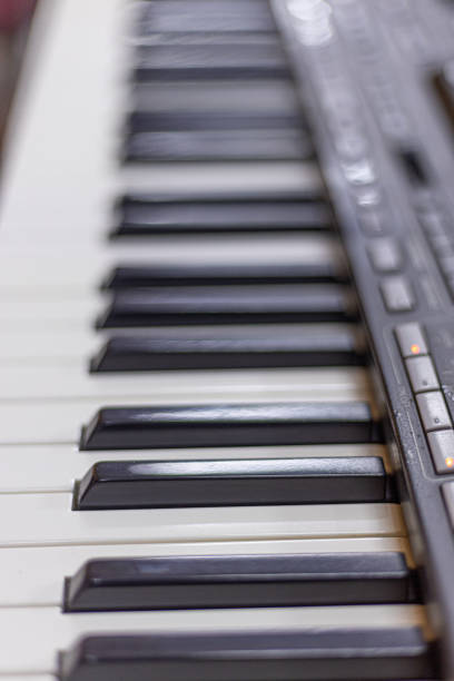 istock Musical instrument Keyboard with blurred keys in the background 1256386358