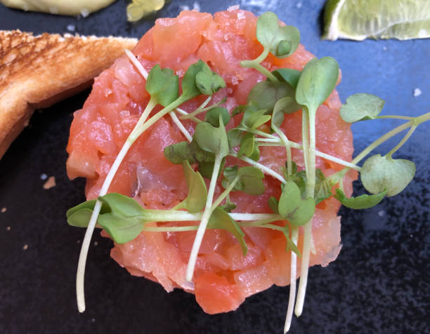 istock Arctic char tartare with mayo, toasted bread slices and lemon. 1256386433