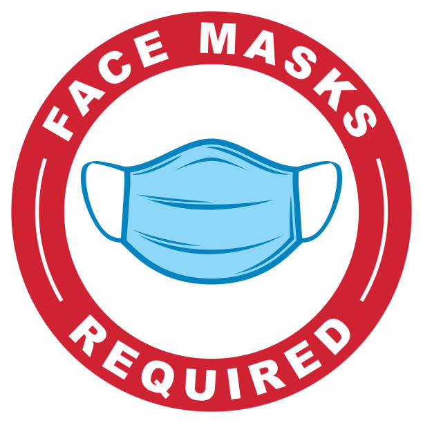 Face Masks Required A simple vector logo of a Covid-19 protective face mask with the text "Face Masks Required" in a red circle mask stock illustrations