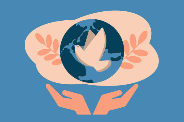 Hands holding the Earth symbol and dove. International Day of Peace. Day of charity. Stock flat vector illustration. vector art illustration