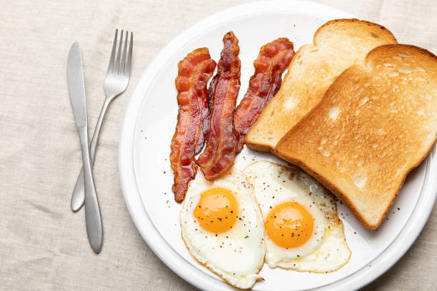 istock Plate of breakfast with fried eggs, bacon and toasts 1256394444
