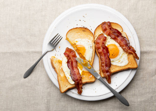 istock Plate of breakfast with fried eggs, bacon and toasts 1256396051