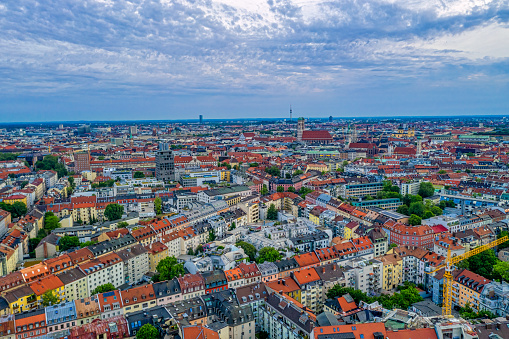 Fantastic view over Munich with its popular bulb tower of the Frauenkirche. Morning cityscape of the wonderful german city