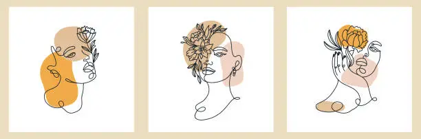 Vector illustration of Abstract set with Woman face, silhouette, floral elements one line drawing.