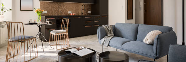 istock Small and stylish designed apartment, panorama 1256402095