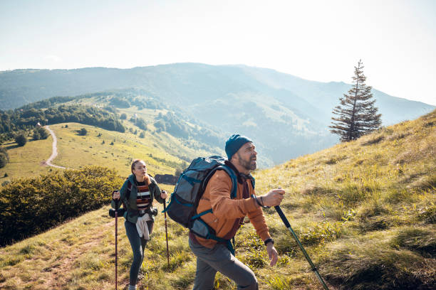 istock Young couple hiking in the mountains 1256404188