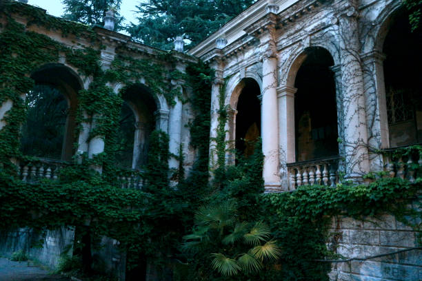 Old gloomy abandoned building. Ivied arcade