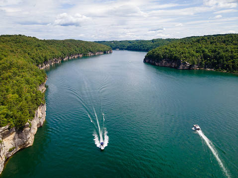 Aerial View of the rocky Long Point Peninsula at Summersville Lake, West Virginia in the summer.
