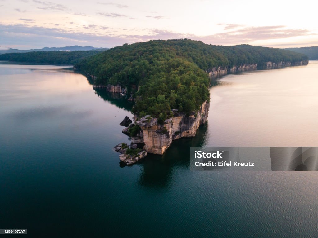 Aerial View of Long Point Peninsula at Summersville Lake, West Virginia Aerial View of the rocky Long Point Peninsula at Summersville Lake, West Virginia at sunrise. West Virginia - US State Stock Photo