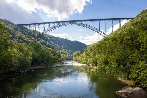 View of the New River Gorge Bridge in West Virginia from the Fayette Station bridge.