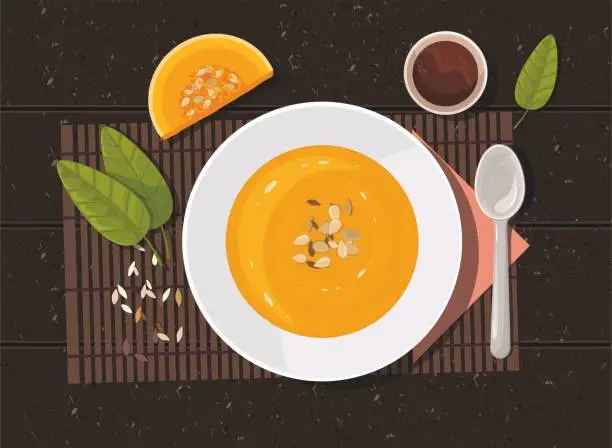 Vector illustration of Pumpkin soup with spoon on table. Top view.