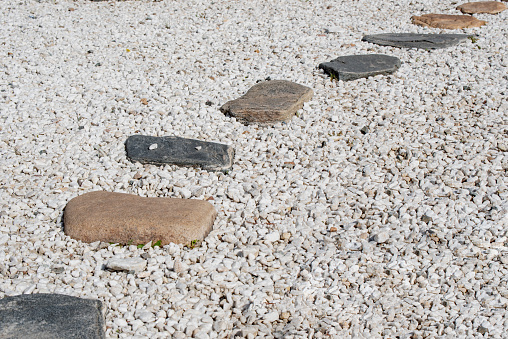 A stone path on a gravel backing in a Japanese garden. Stone path.