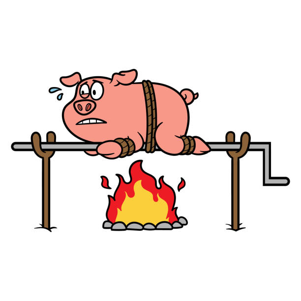 ilustrações de stock, clip art, desenhos animados e ícones de cartoon roast pig on a spit illustration - roasted