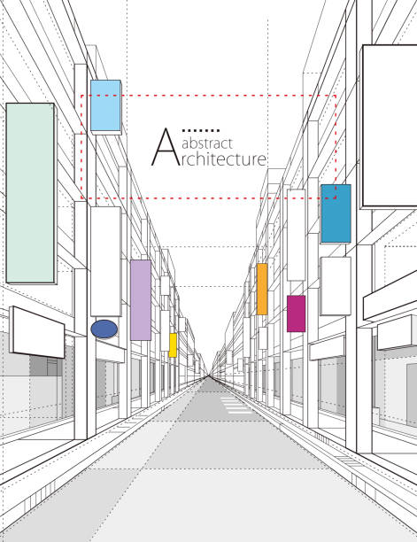 abstrakte architektur gebäude linie zeichnung. - street technology blueprint city stock-grafiken, -clipart, -cartoons und -symbole