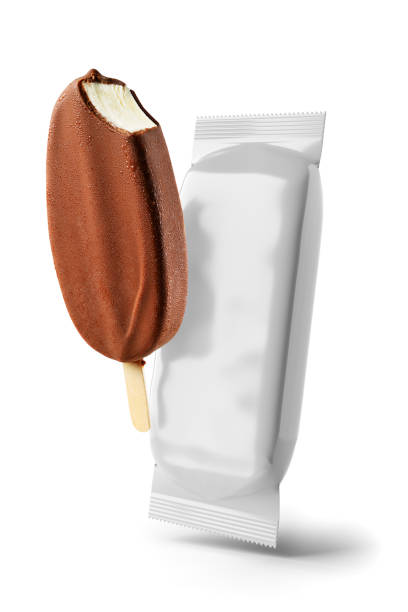 istock Brown bitten chocolate popsicle and clean package isolated. Ice cream mock-up. 1256419841