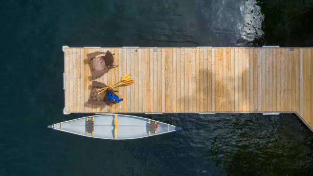 Photo of Drone aerial view of two Adirondack chairs on a wooden pier