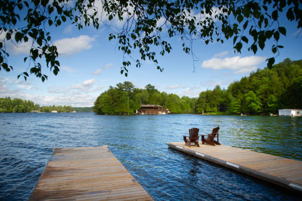 Two Adirondack chairs on a wooden pier overlooking a calm lake Two Adirondack chairs on a wooden pier overlooking a calm lake. A cottage nestled between green trees are visible across the water. Tree branches are framing the capture. cottage life stock pictures, royalty-free photos & images