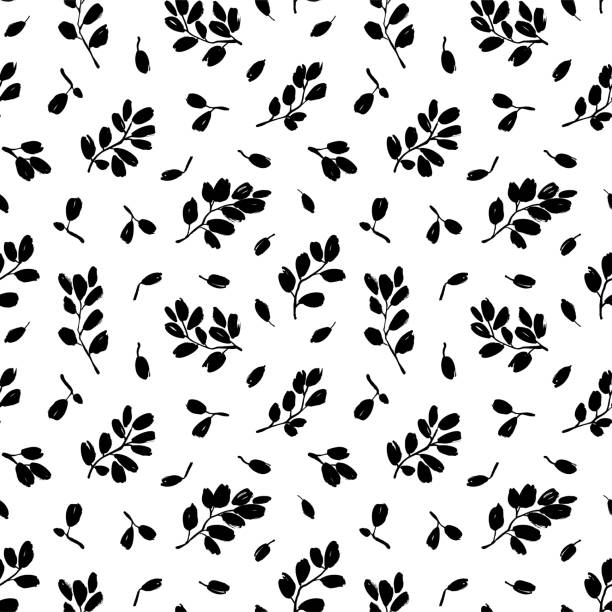 illustrations, cliparts, dessins animés et icônes de feuilles et branches vecteurs de motif sans couture. feuilles de brosse noires et brindilles. ornement moderne de branche d’olive. - floral pattern dirty pattern grunge